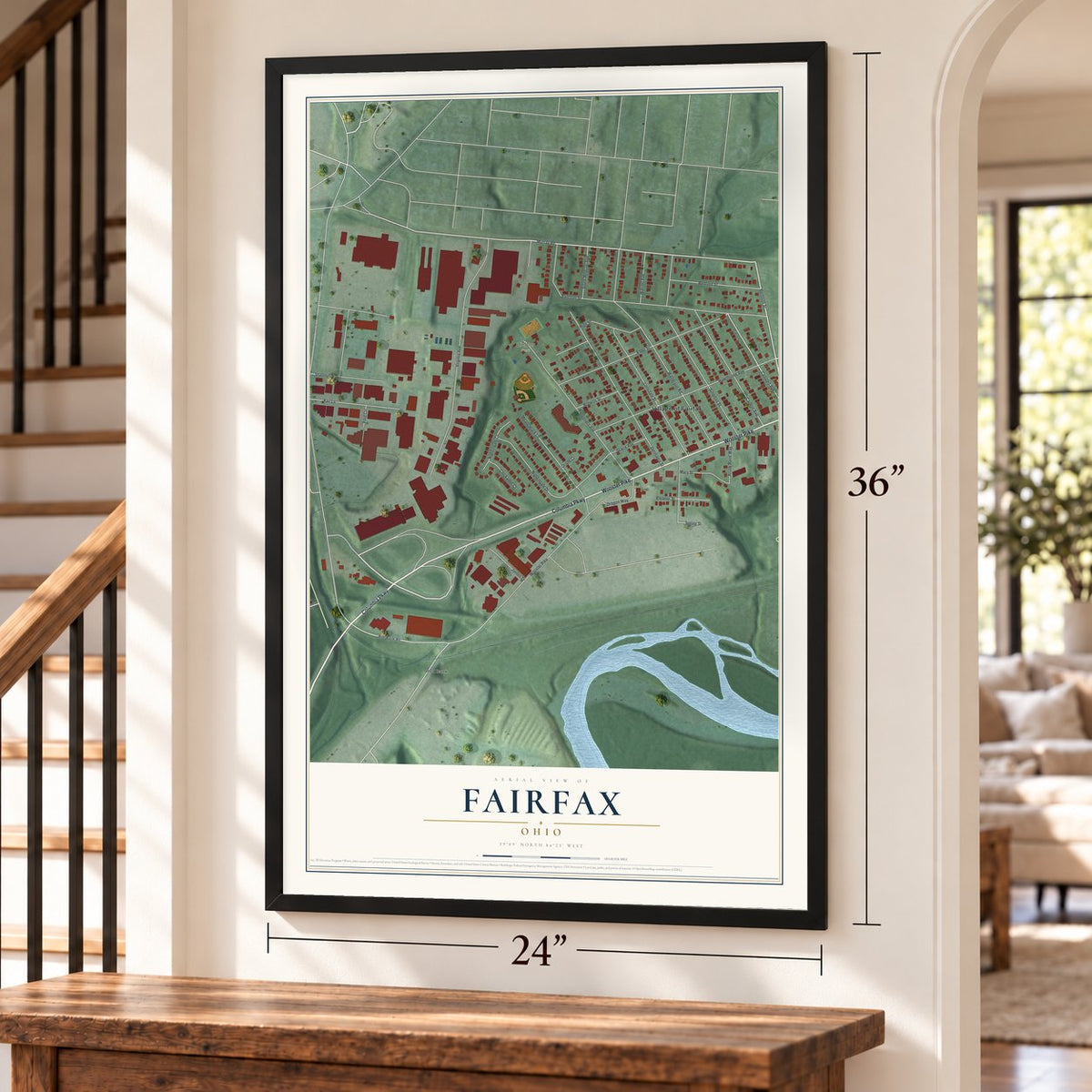 Fairfax, Ohio map, 24 x 36 inch print in a black frame by a staircase
