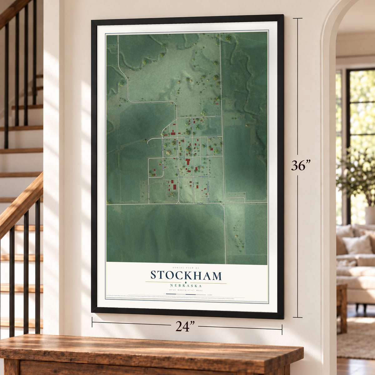 Stockham, Nebraska map, 24 x 36 inch print in a black frame by a staircase