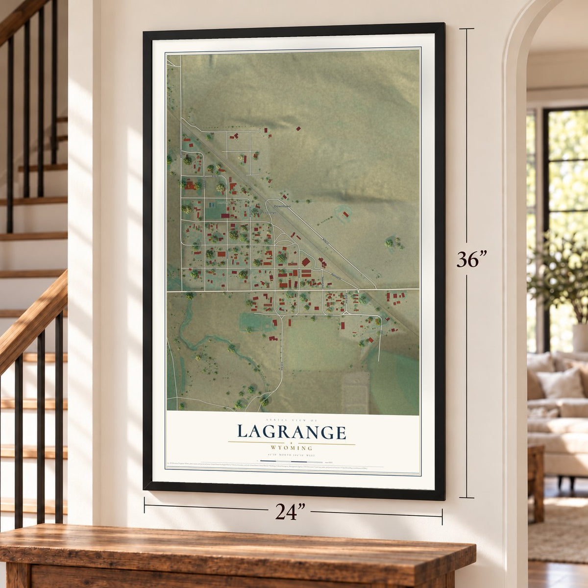LaGrange, Wyoming map, 24 x 36 inch print in a black frame by a staircase