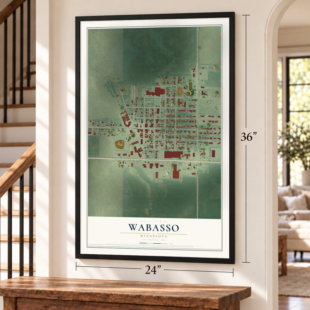 Wabasso, Minnesota map, 24 x 36 inch print in a black frame by a staircase