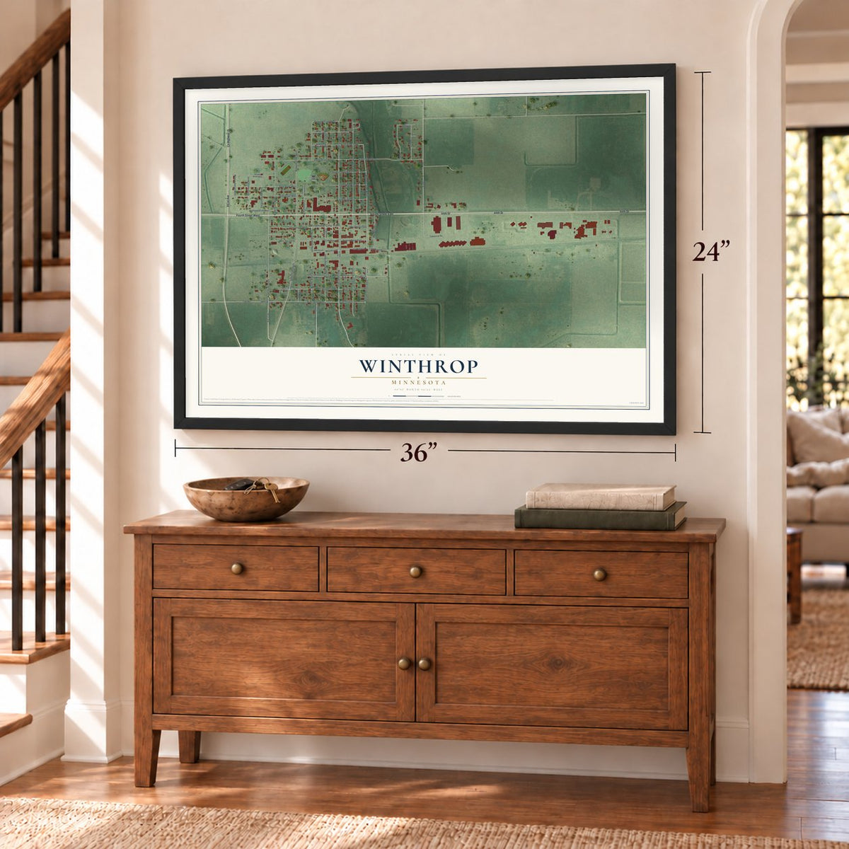 Winthrop, Minnesota map, 24 x 36 inch print in a black frame above a dresser by a staircase