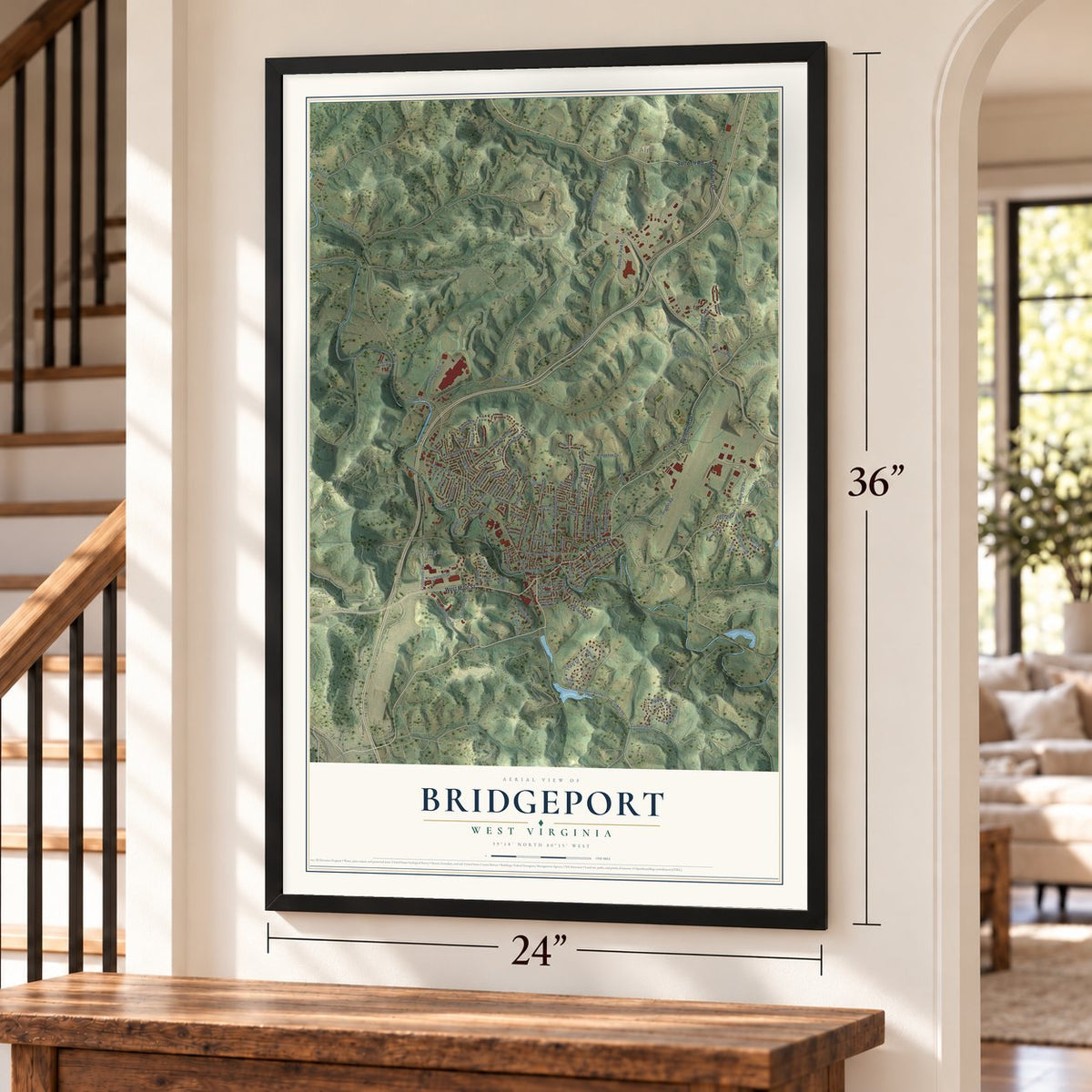 Bridgeport, West Virginia map, 24 x 36 inch print in a black frame by a staircase
