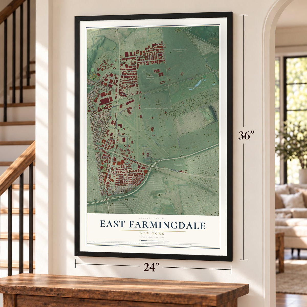 East Farmingdale, New York map, 24 x 36 inch print in a black frame by a staircase