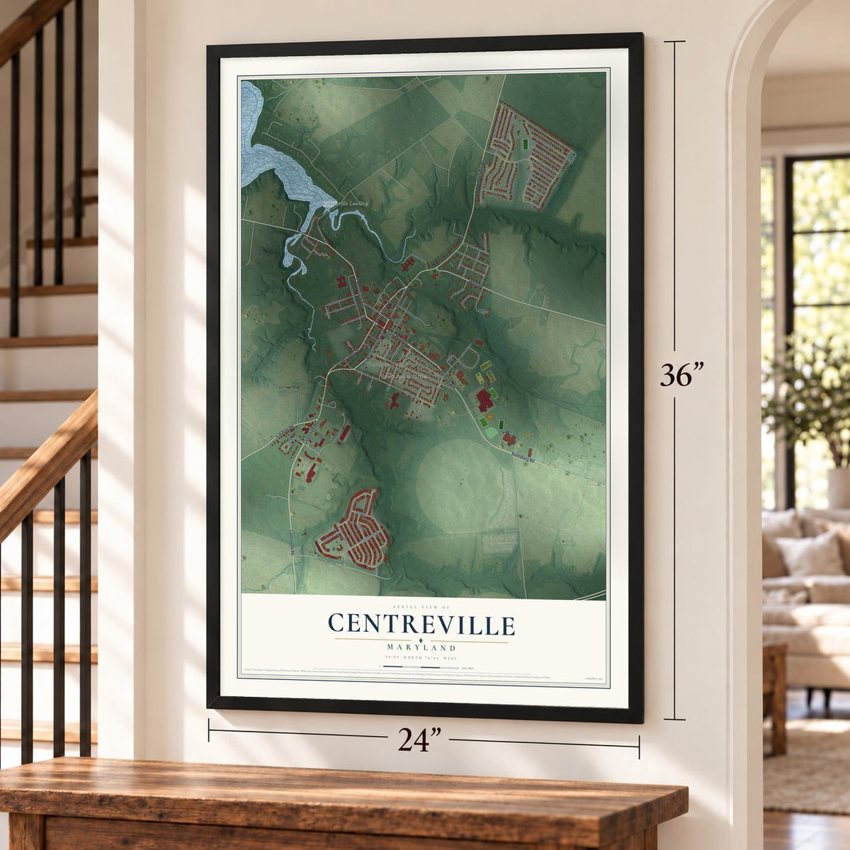 Centreville, Maryland map, 24 x 36 inch print in a black frame by a staircase
