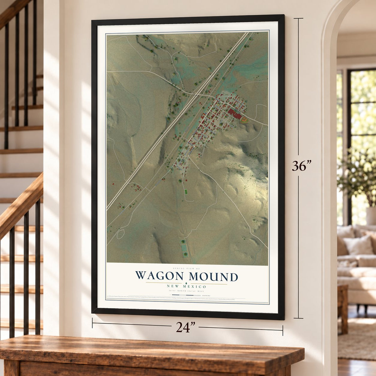Wagon Mound, New Mexico map, 24 x 36 inch print in a black frame by a staircase