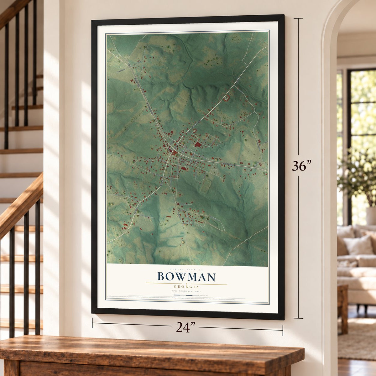 Bowman, Georgia map, 24 x 36 inch print in a black frame by a staircase