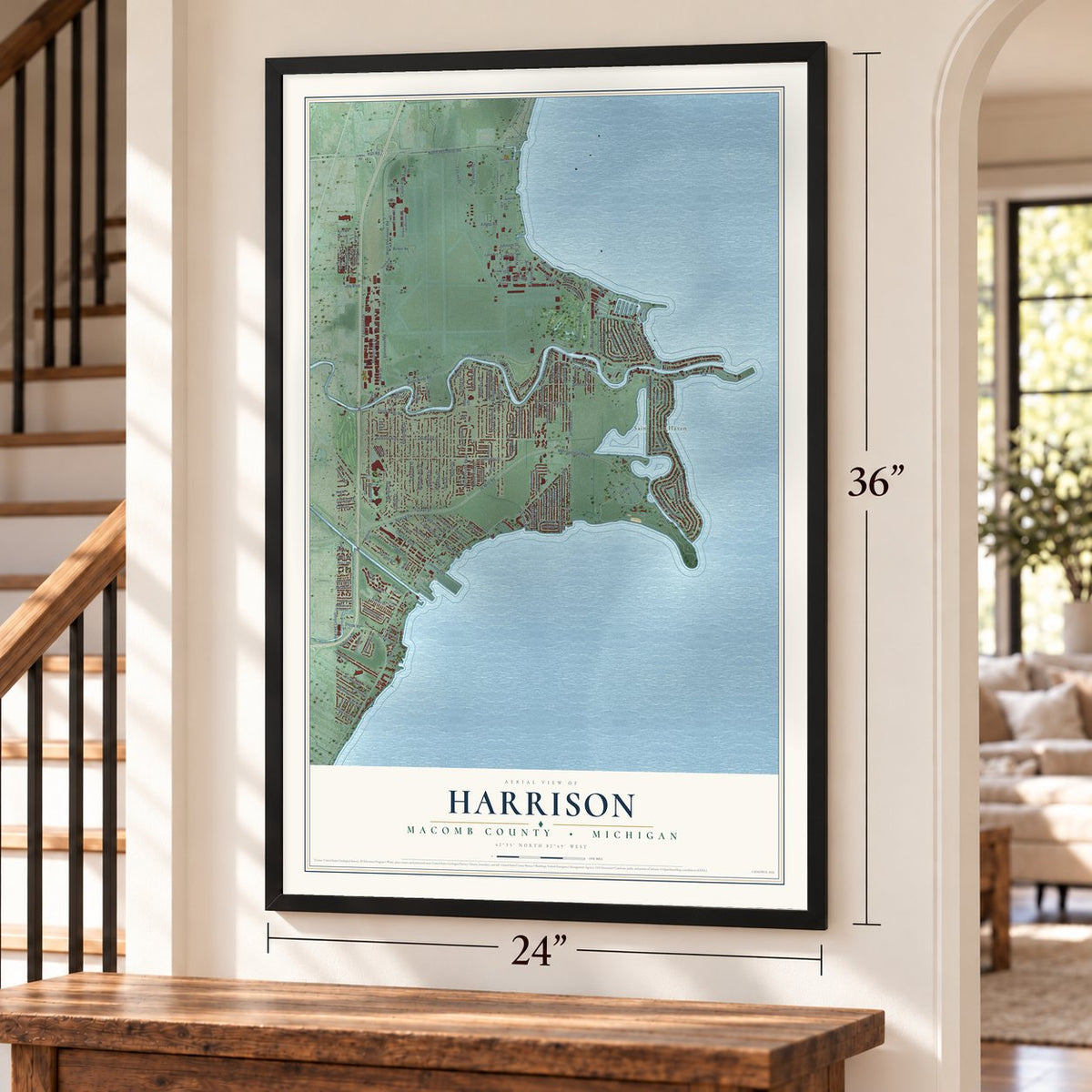 Harrison, Macomb County, Michigan map, 24 x 36 inch print in a black frame by a staircase