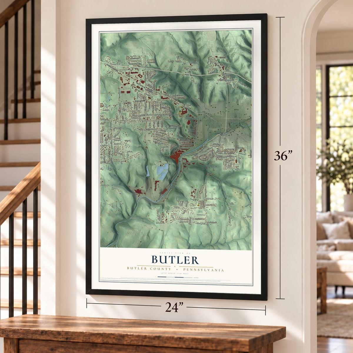 Butler, Butler County, Pennsylvania map, 24 x 36 inch print in a black frame by a staircase