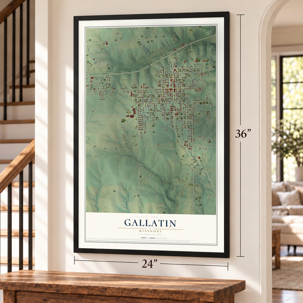 Gallatin, Missouri map, 24 x 36 inch print in a black frame by a staircase