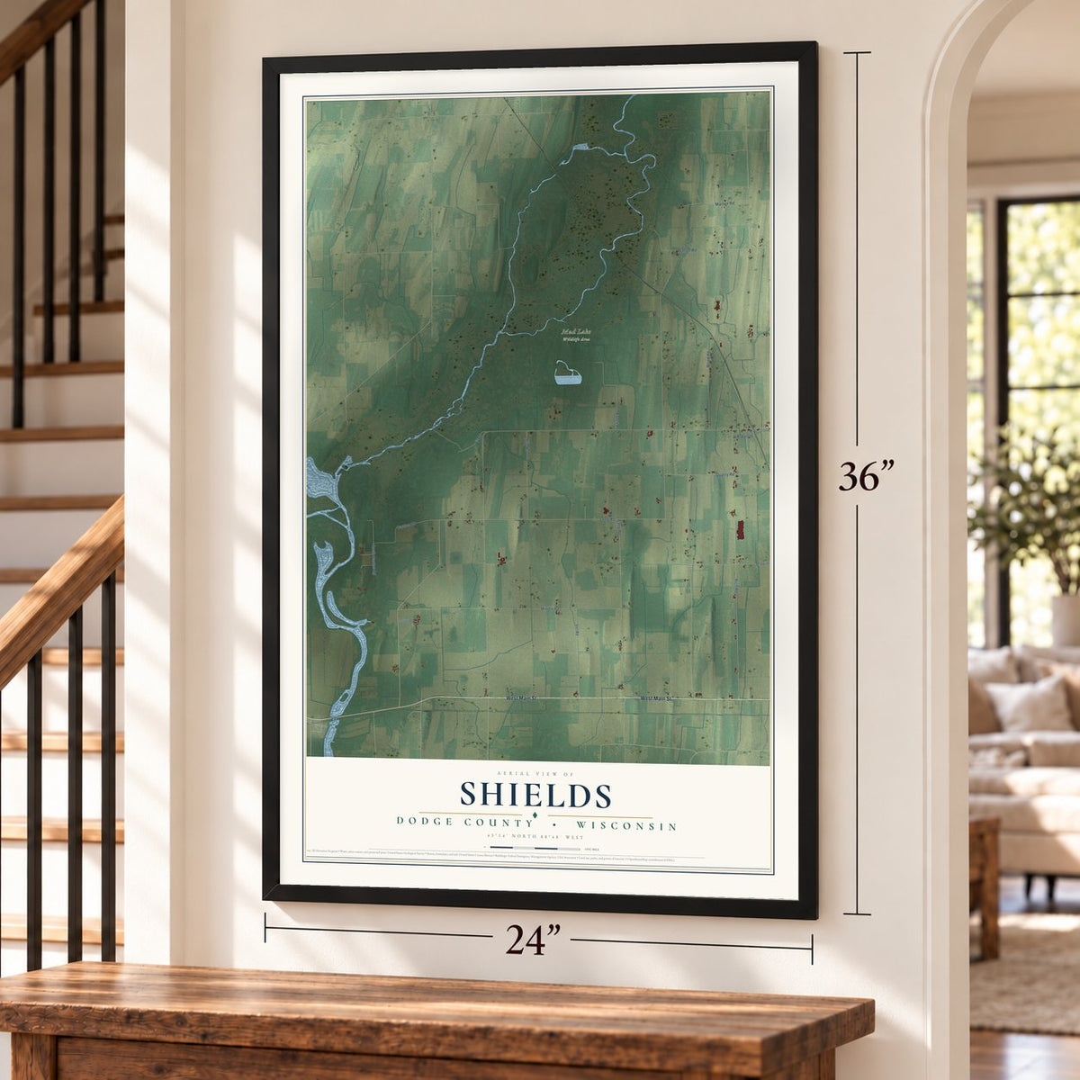 Shields, Dodge County, Wisconsin map, 24 x 36 inch print in a black frame by a staircase