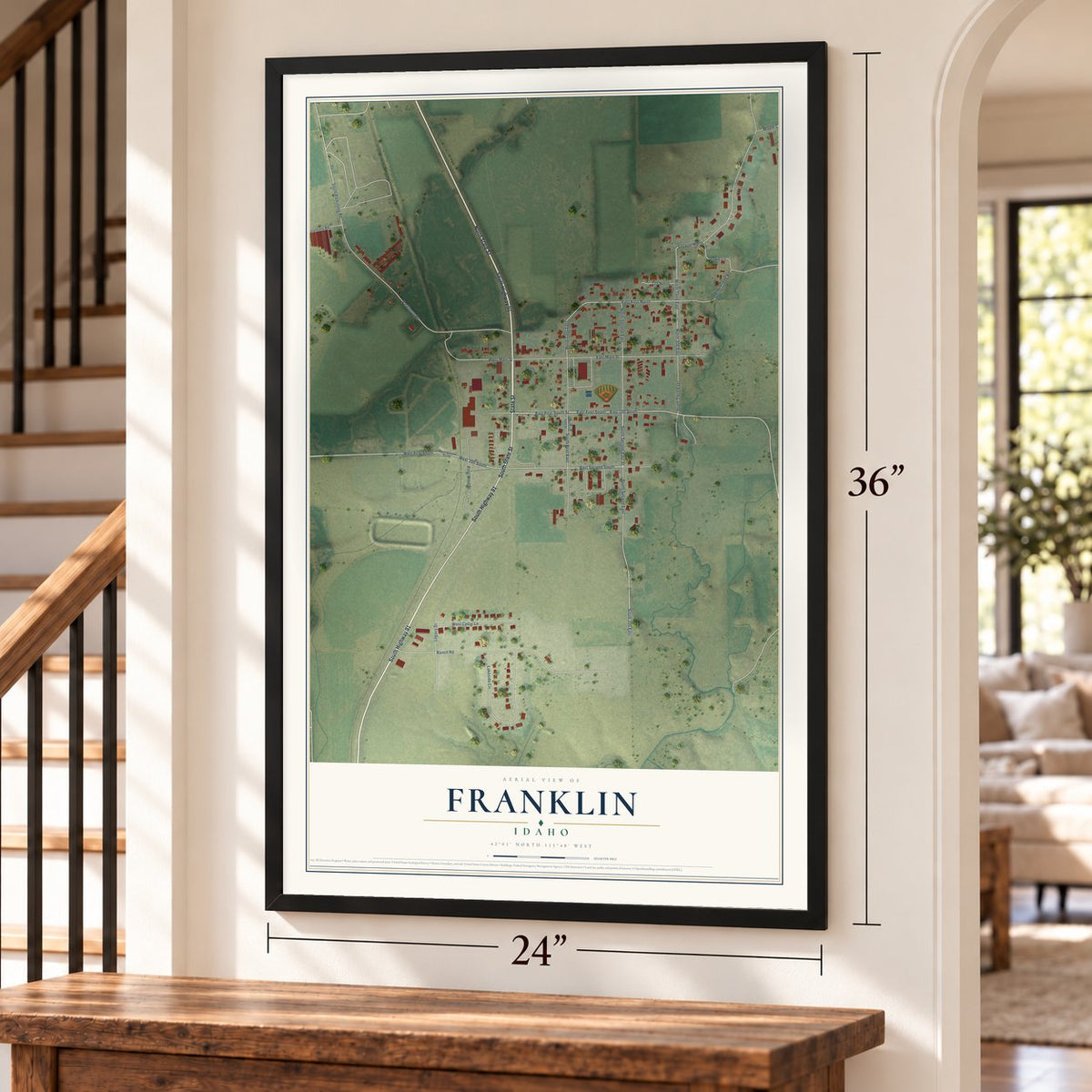 Franklin, Idaho map, 24 x 36 inch print in a black frame by a staircase