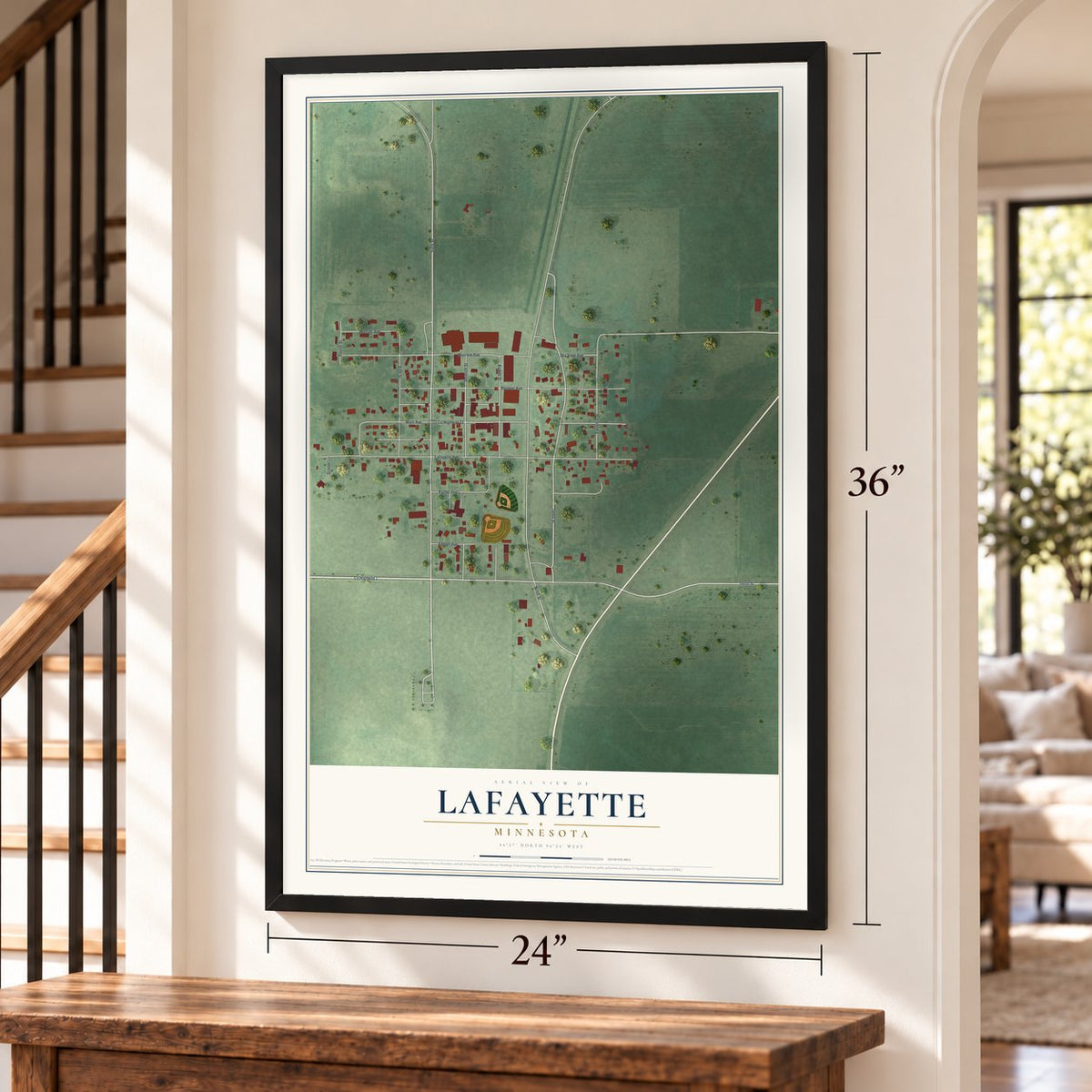 Lafayette, Minnesota map, 24 x 36 inch print in a black frame by a staircase