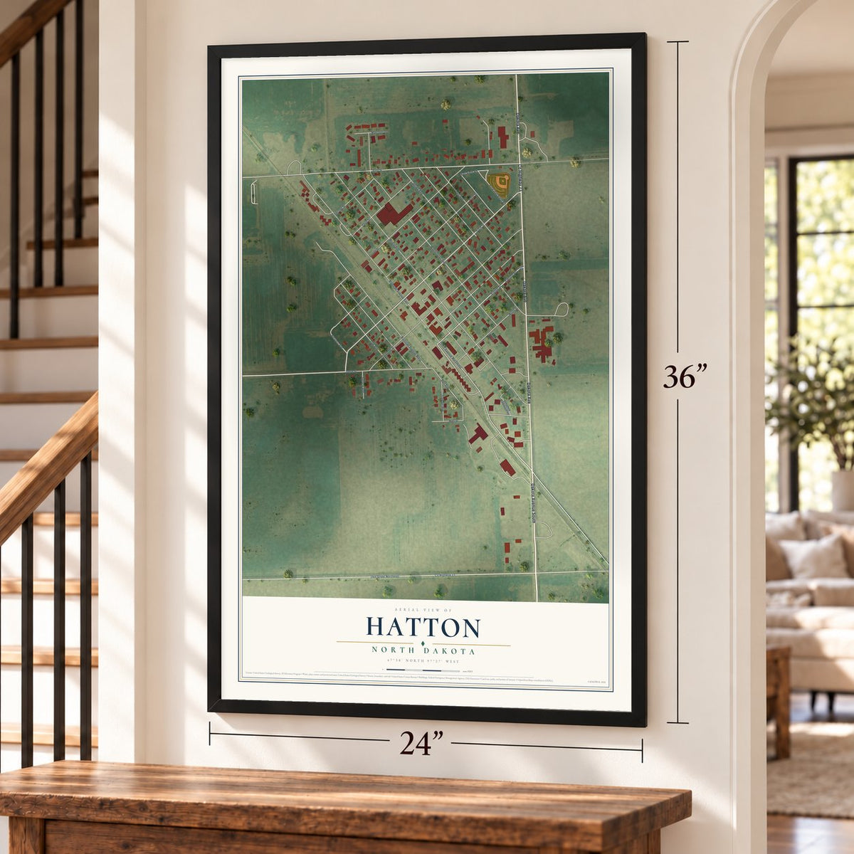 Hatton, North Dakota map, 24 x 36 inch print in a black frame by a staircase