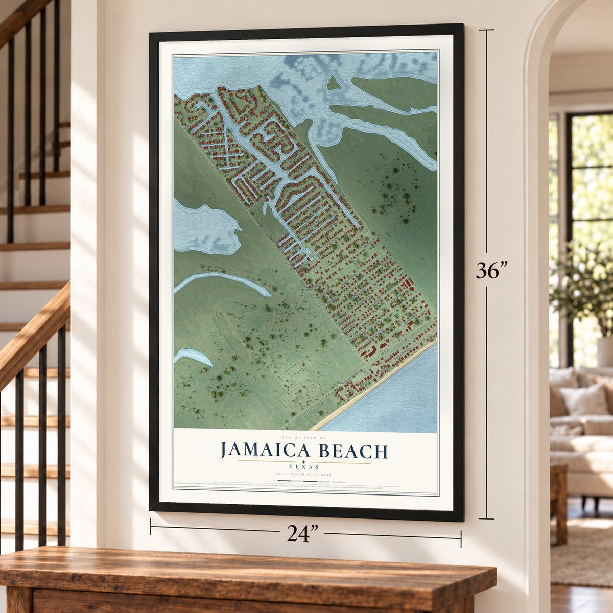 Jamaica Beach, Texas map, 24 x 36 inch print in a black frame by a staircase