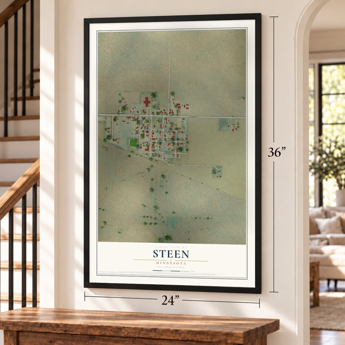Steen, Minnesota map, 24 x 36 inch print in a black frame by a staircase