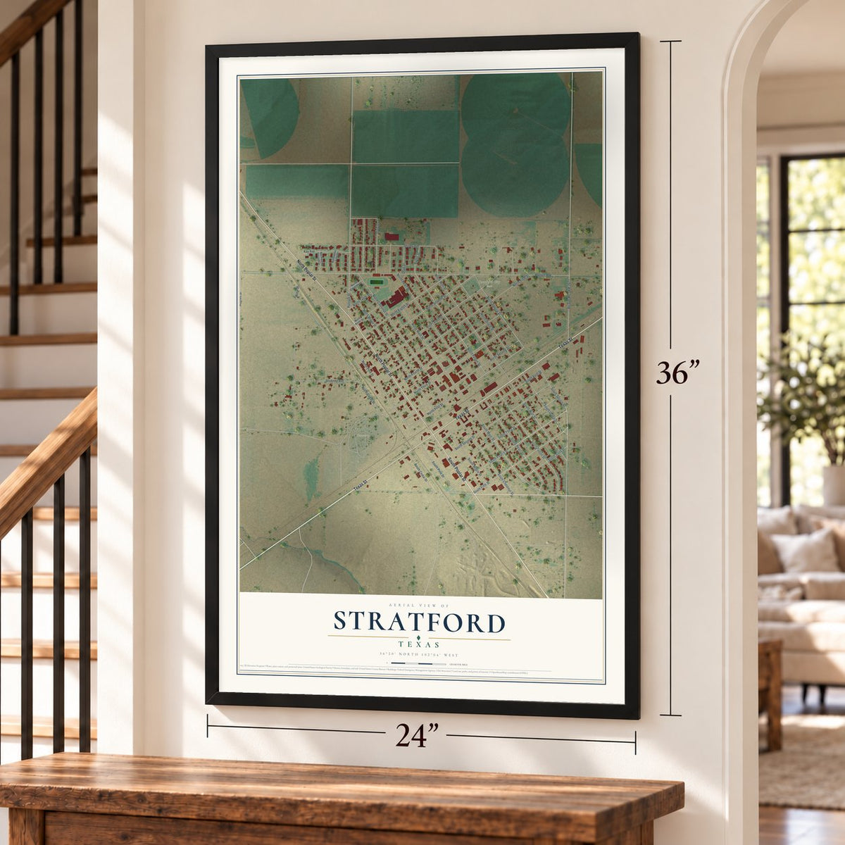 Stratford, Texas map, 24 x 36 inch print in a black frame by a staircase