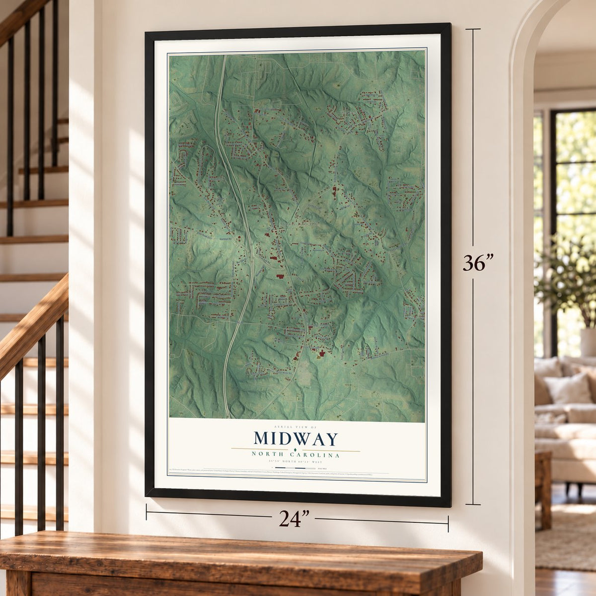 Midway, North Carolina map, 24 x 36 inch print in a black frame by a staircase