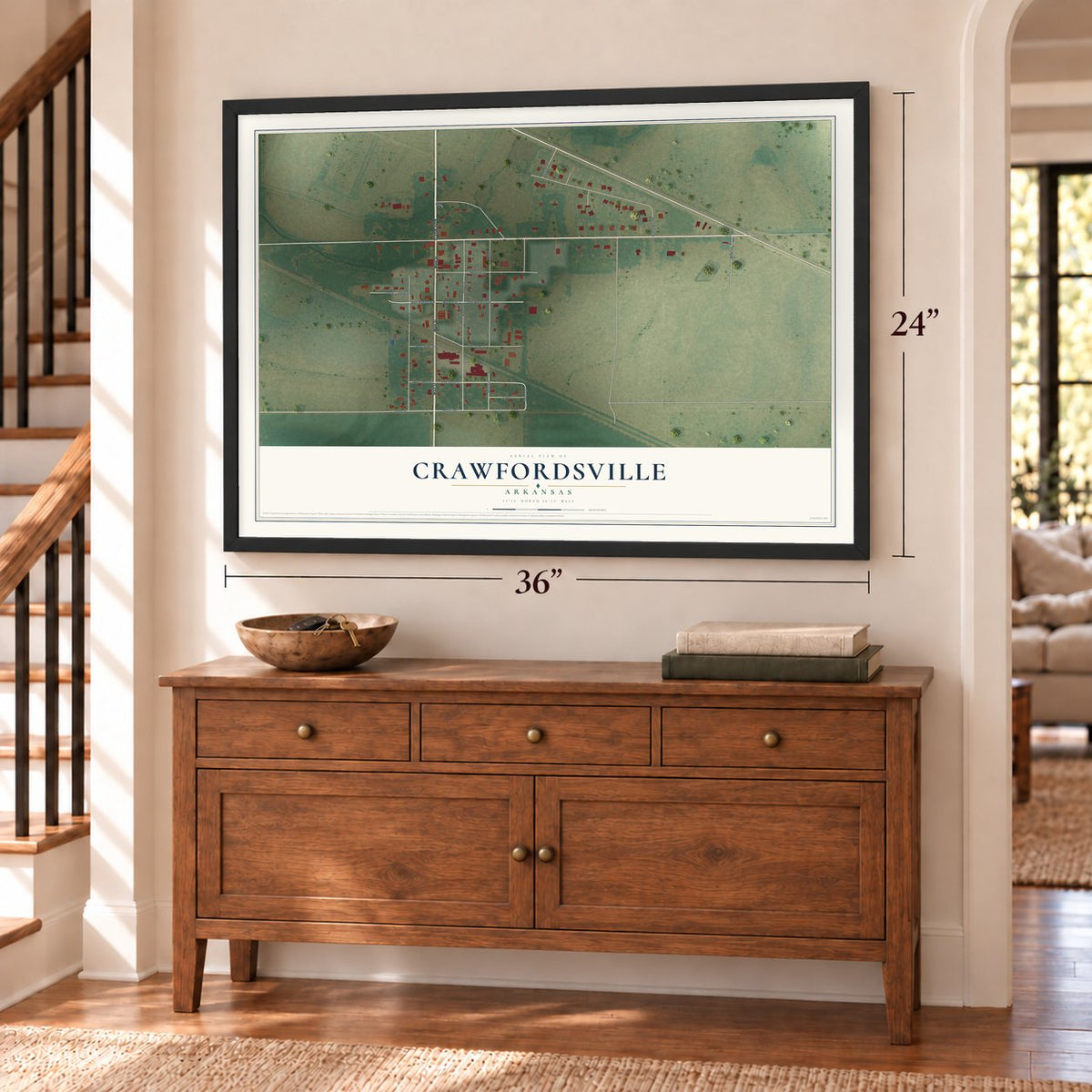 Crawfordsville, Arkansas map, 24 x 36 inch print in a black frame above a dresser by a staircase