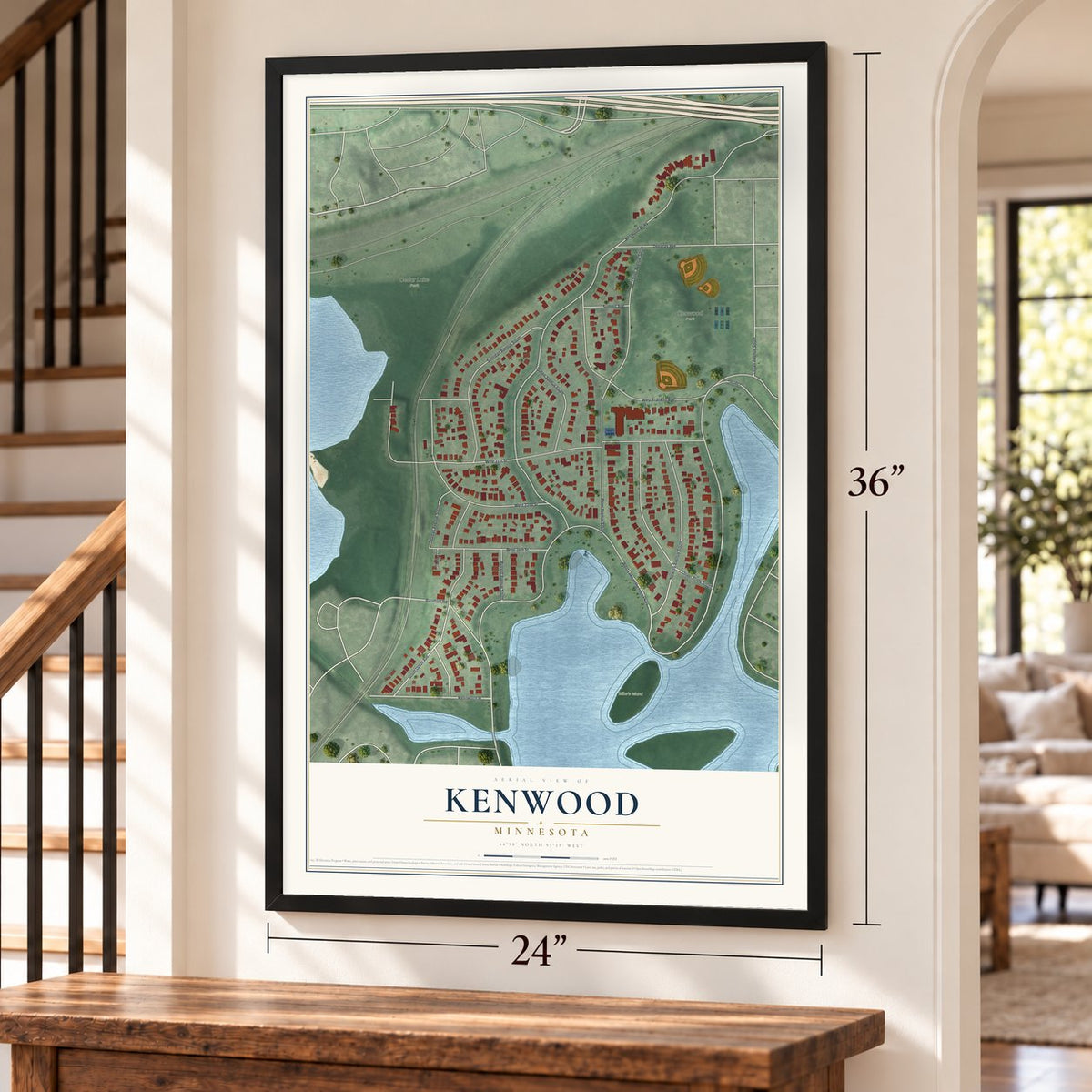 Kenwood, Minnesota map, 24 x 36 inch print in a black frame by a staircase