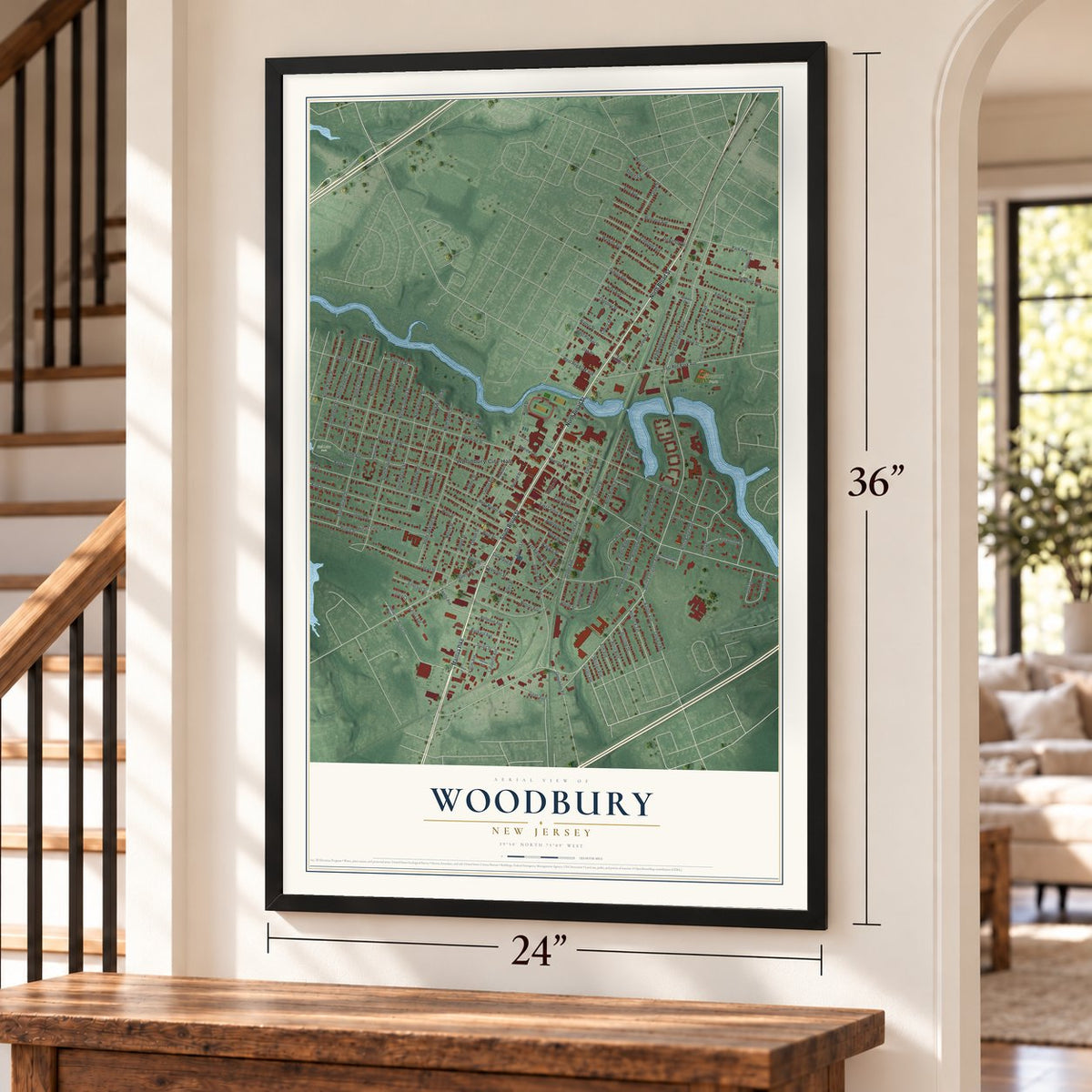 Woodbury, New Jersey map, 24 x 36 inch print in a black frame by a staircase