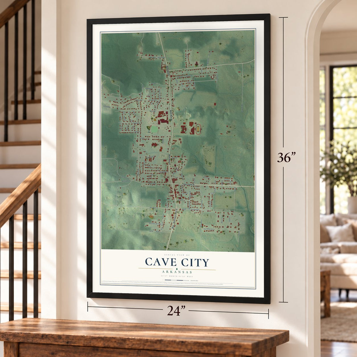 Cave City, Arkansas map, 24 x 36 inch print in a black frame by a staircase