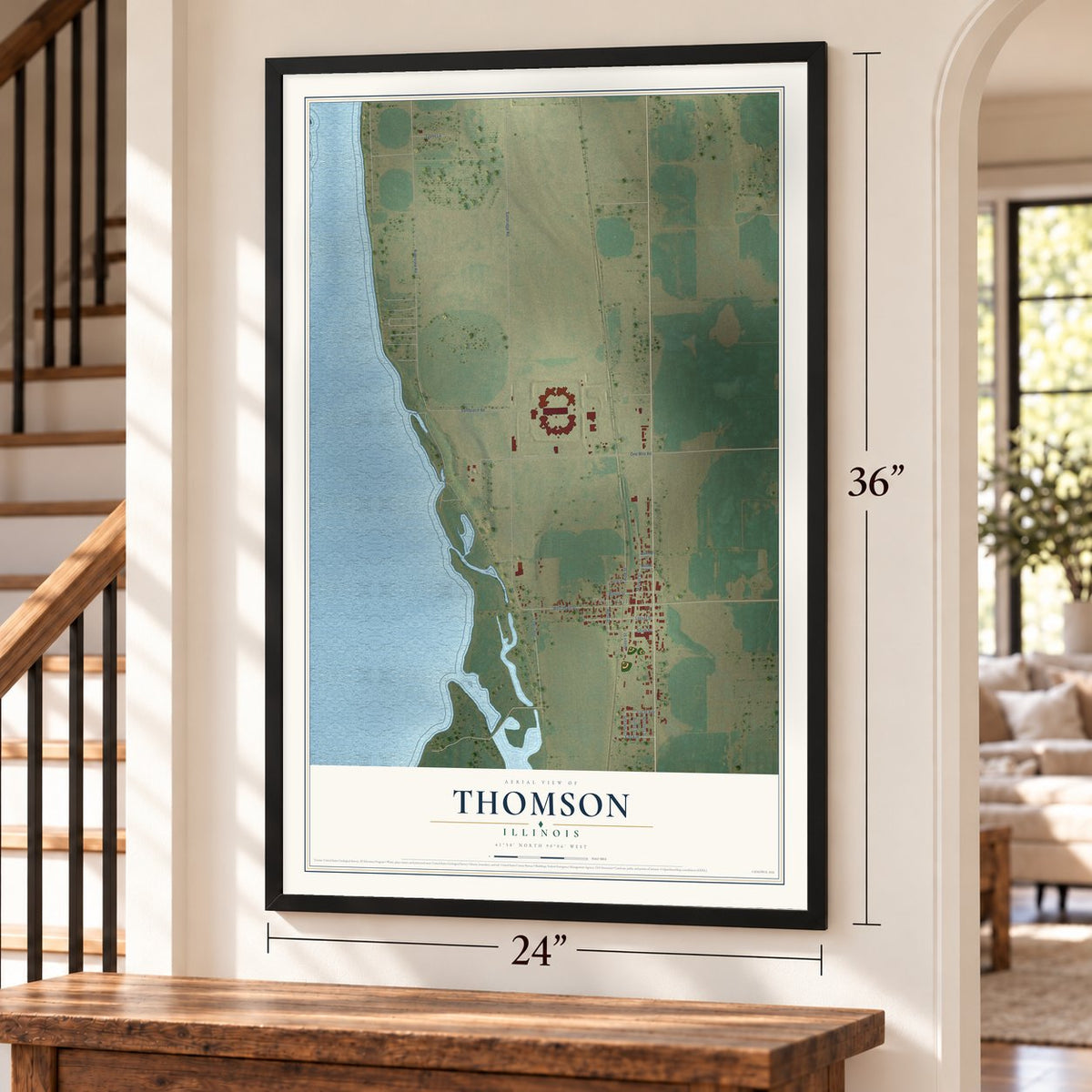 Thomson, Illinois map, 24 x 36 inch print in a black frame by a staircase