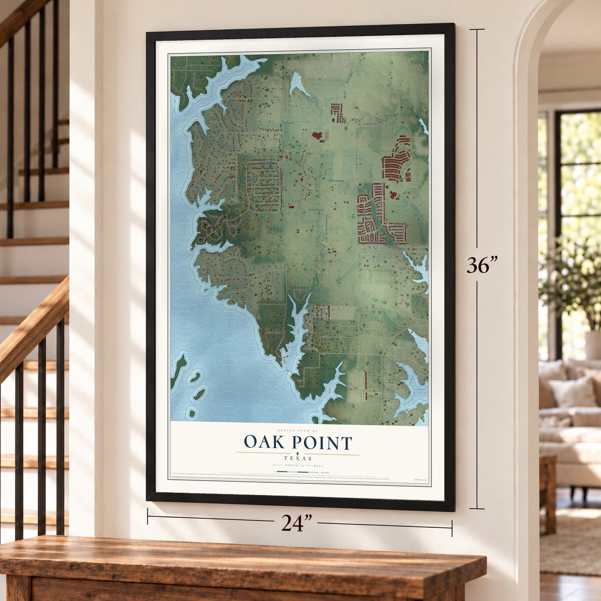 Oak Point, Texas map, 24 x 36 inch print in a black frame by a staircase