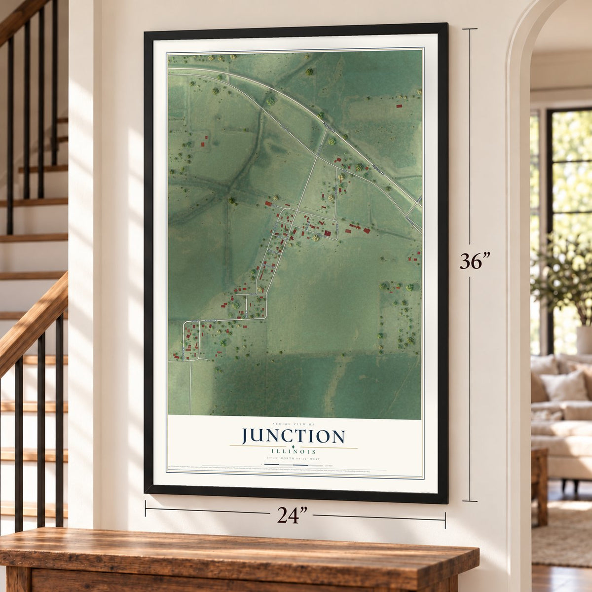 Junction, Illinois map, 24 x 36 inch print in a black frame by a staircase