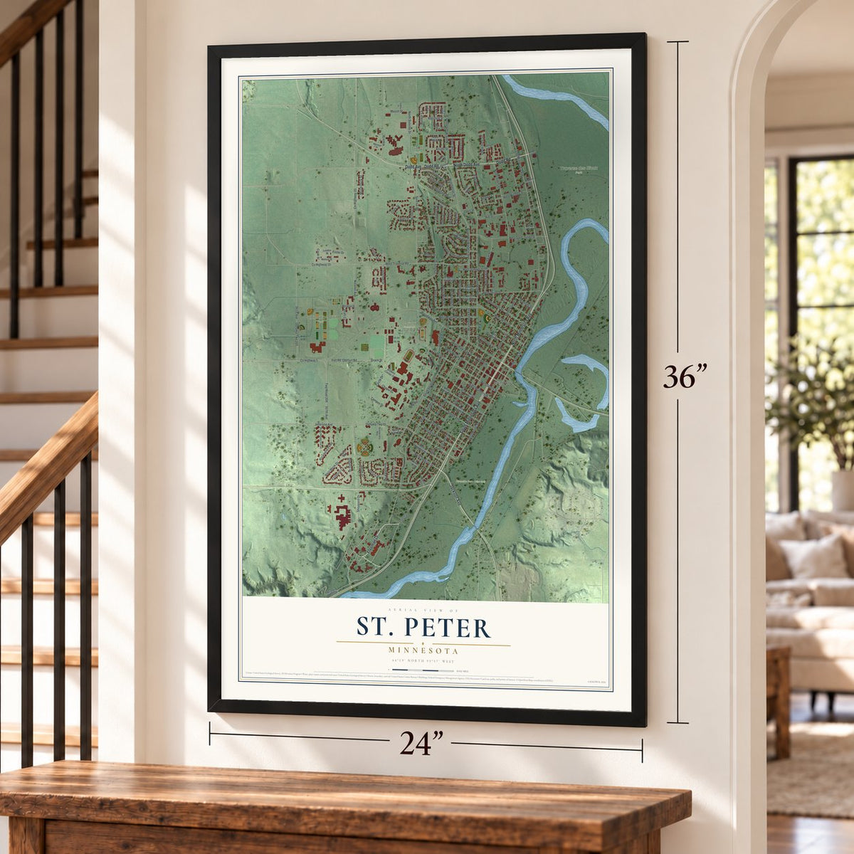 St. Peter, Minnesota map, 24 x 36 inch print in a black frame by a staircase