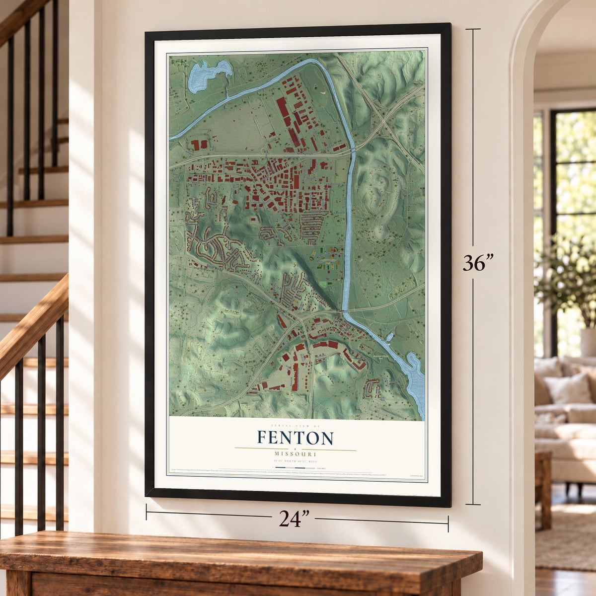 Fenton, Missouri map, 24 x 36 inch print in a black frame by a staircase
