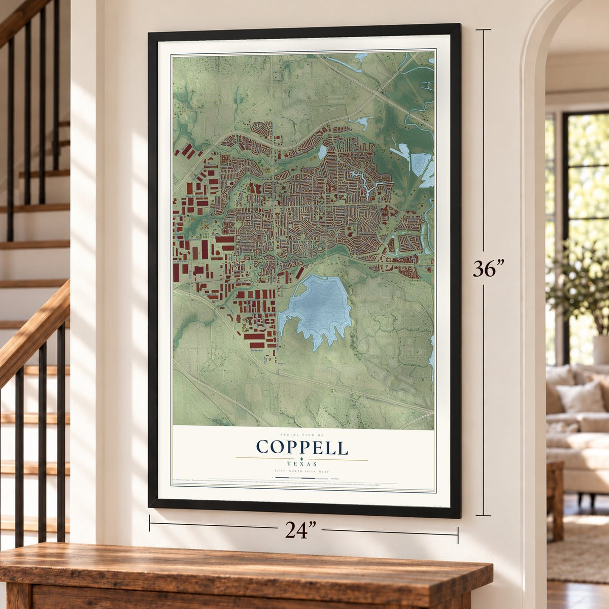 Coppell, Texas map, 24 x 36 inch print in a black frame by a staircase