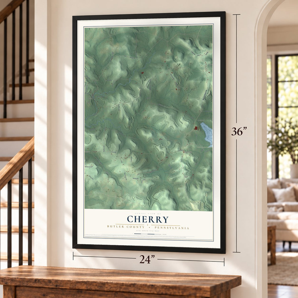 Cherry, Butler County, Pennsylvania map, 24 x 36 inch print in a black frame by a staircase
