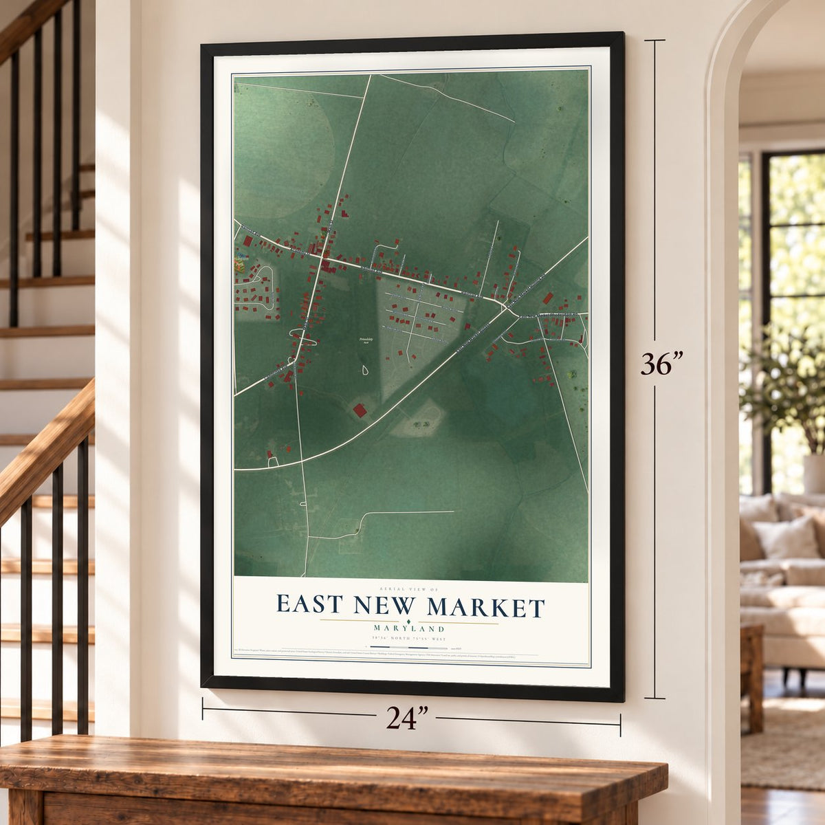 East New Market, Maryland map, 24 x 36 inch print in a black frame by a staircase