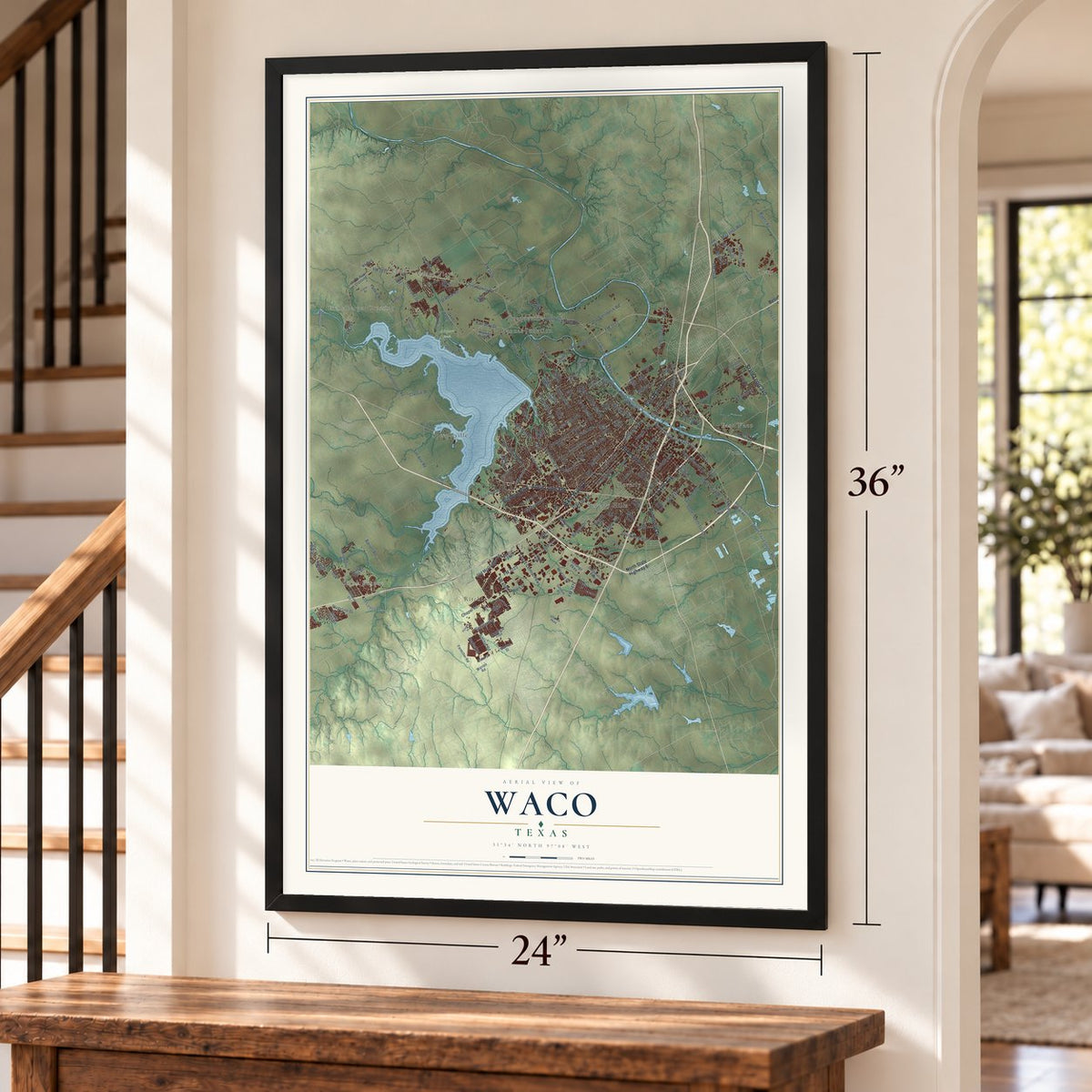 Waco, Texas map, 24 x 36 inch print in a black frame by a staircase