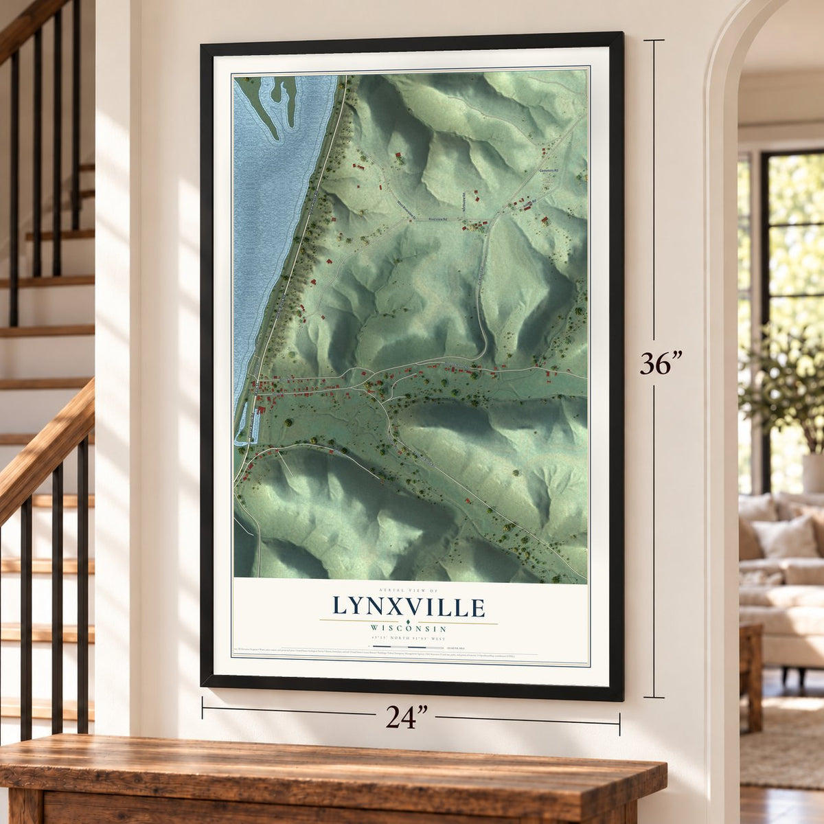 Lynxville, Wisconsin map, 24 x 36 inch print in a black frame by a staircase