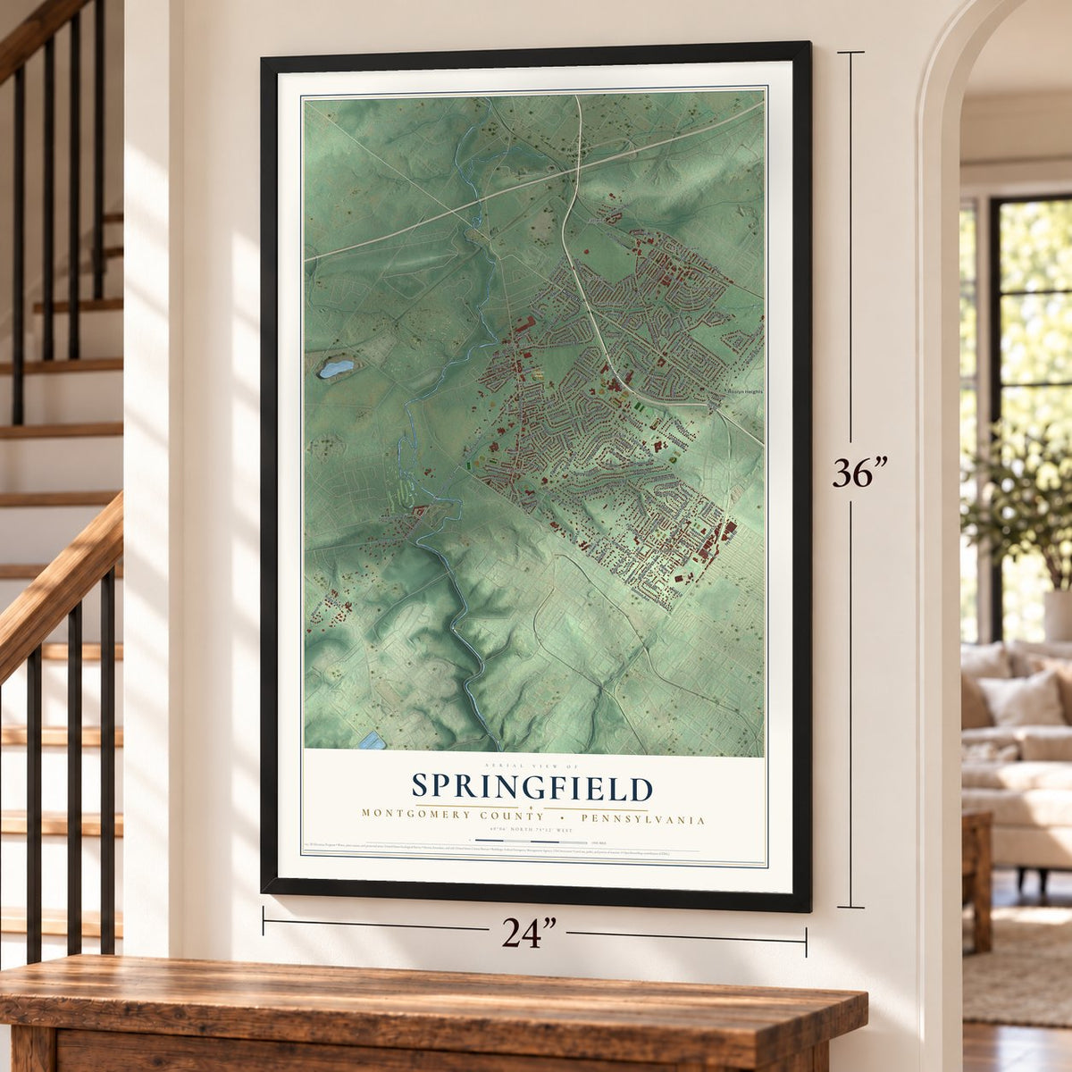Springfield, Montgomery County, Pennsylvania map, 24 x 36 inch print in a black frame by a staircase