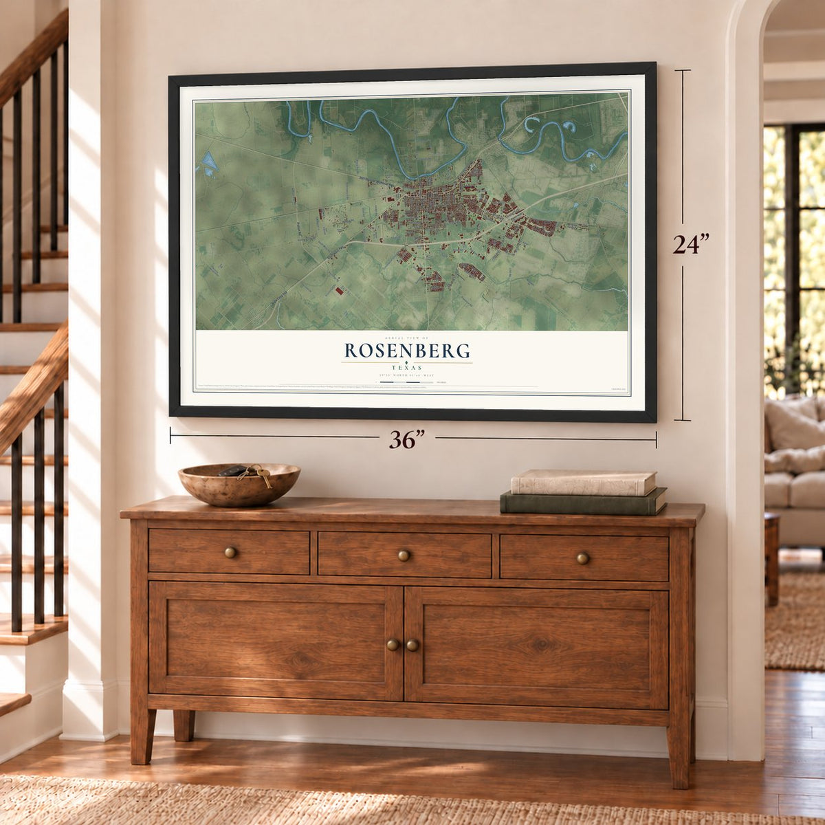 Rosenberg, Texas map, 24 x 36 inch print in a black frame above a dresser by a staircase
