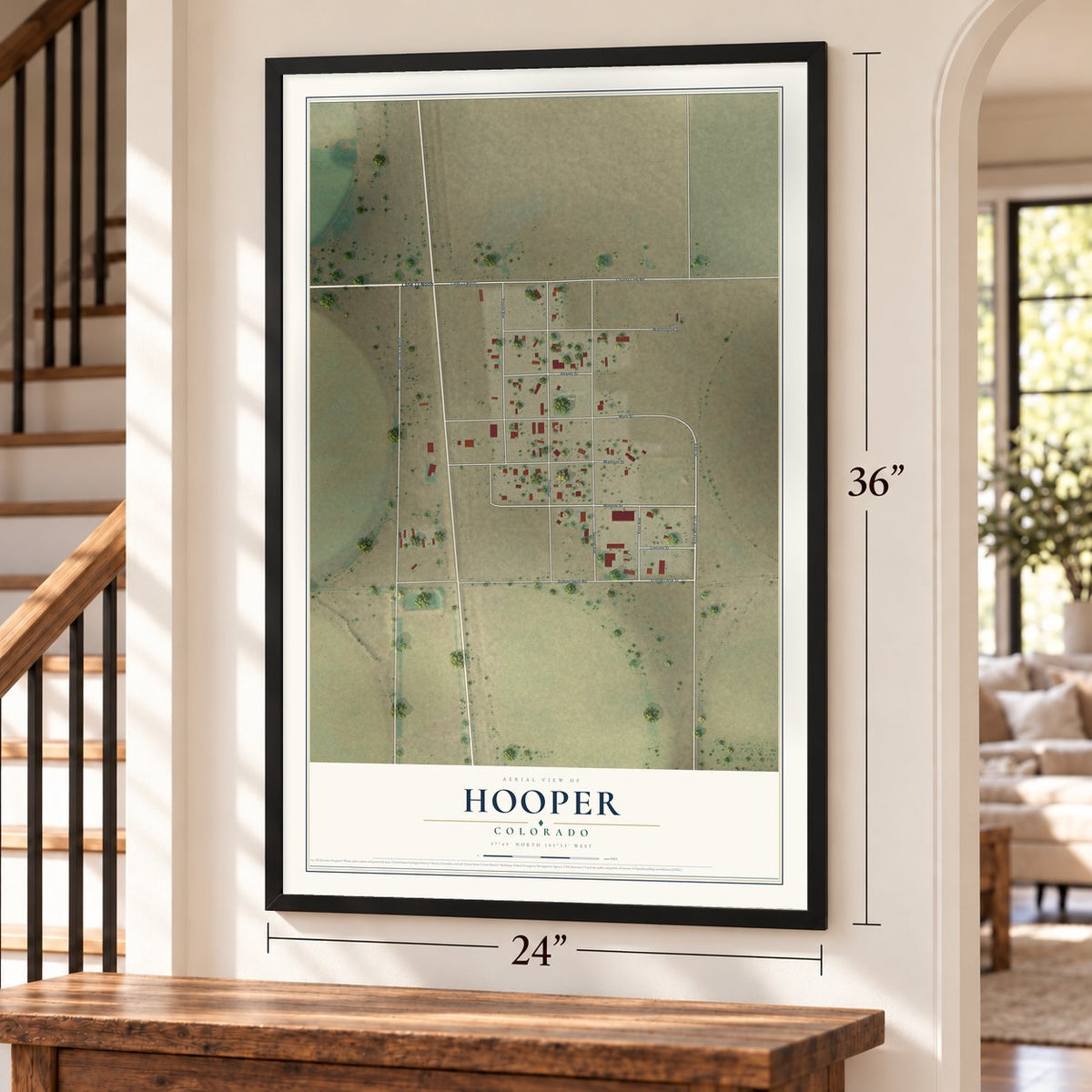 Hooper, Colorado map, 24 x 36 inch print in a black frame by a staircase