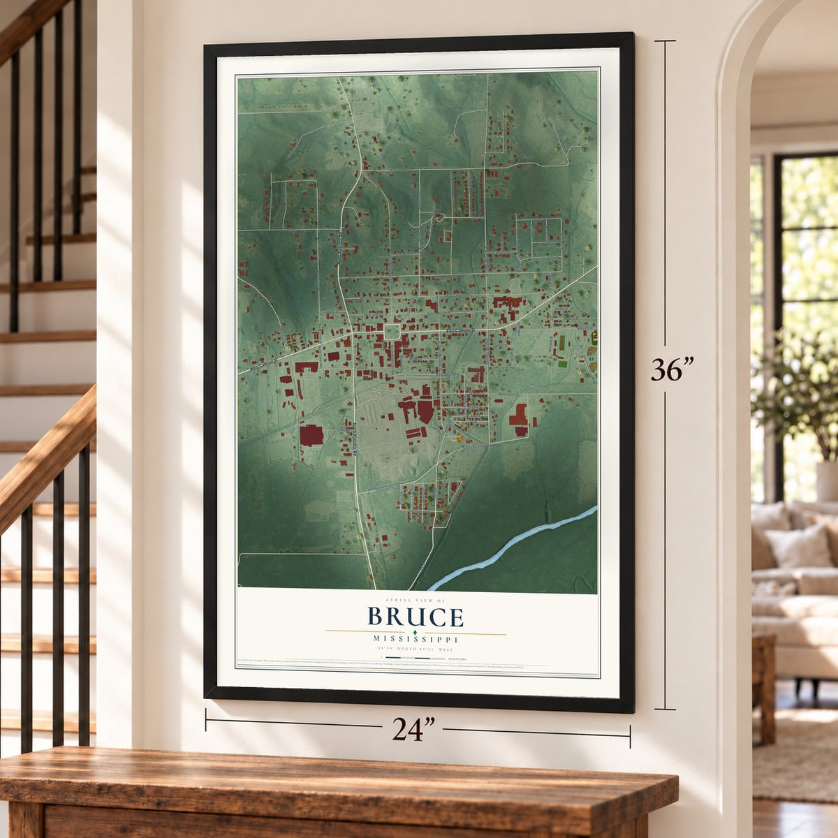 Bruce, Mississippi map, 24 x 36 inch print in a black frame by a staircase