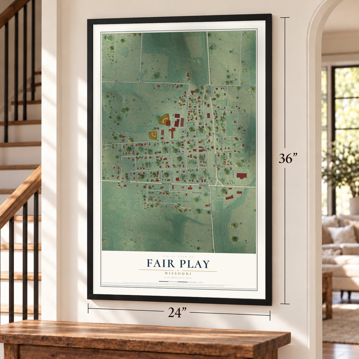 Fair Play, Missouri map, 24 x 36 inch print in a black frame by a staircase