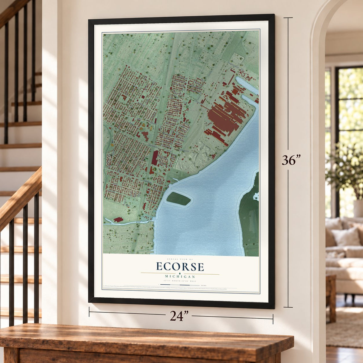 Ecorse, Michigan map, 24 x 36 inch print in a black frame by a staircase