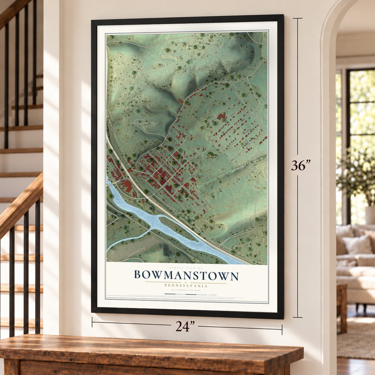 Bowmanstown, Pennsylvania map, 24 x 36 inch print in a black frame by a staircase