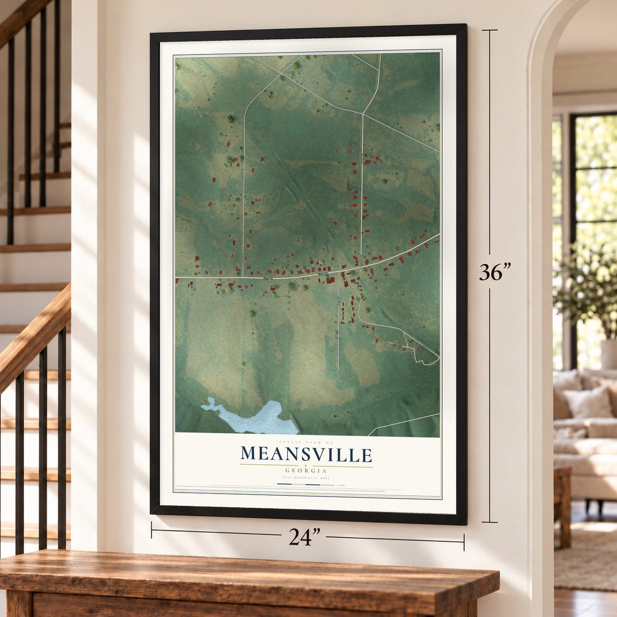 Meansville, Georgia map, 24 x 36 inch print in a black frame by a staircase