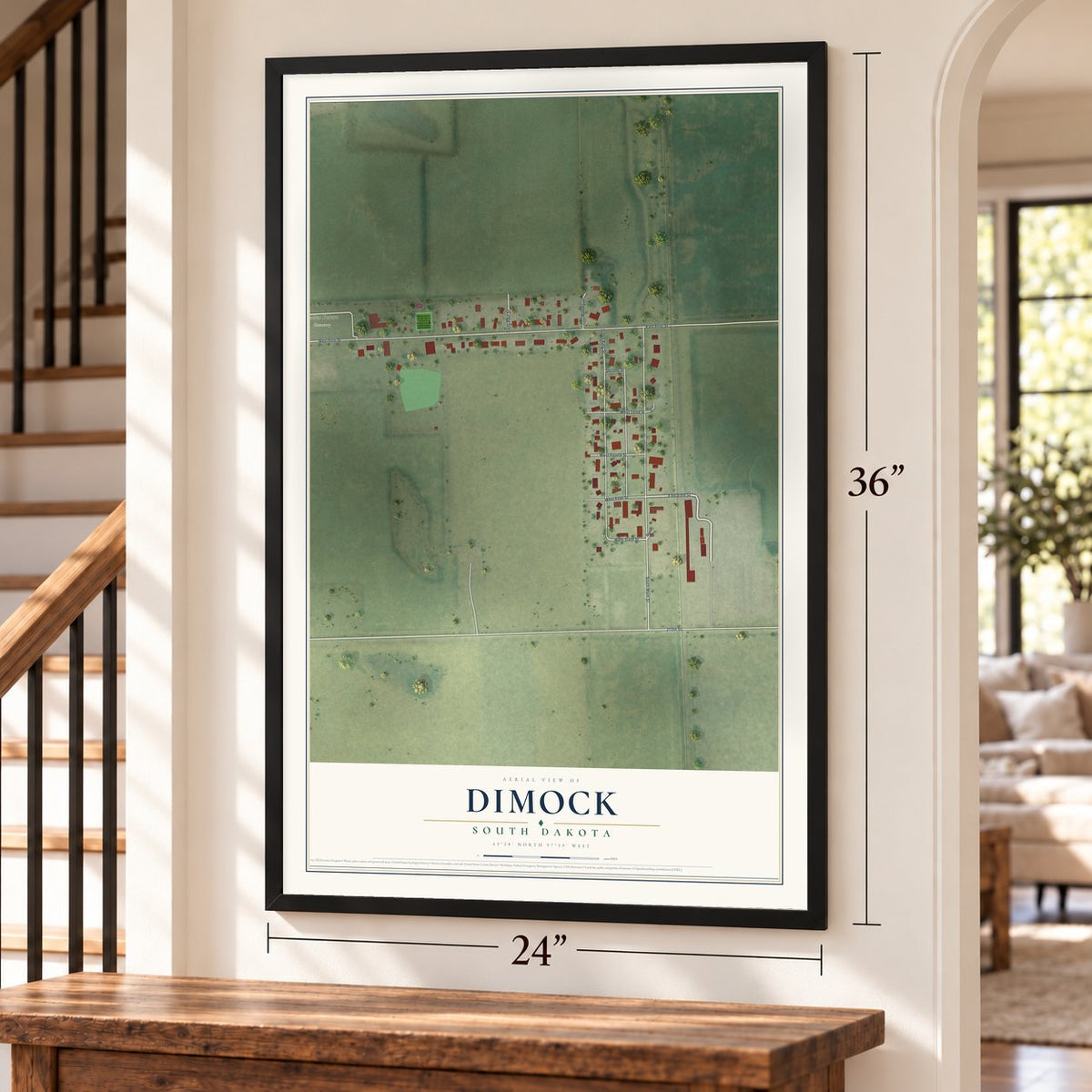 Dimock, South Dakota map, 24 x 36 inch print in a black frame by a staircase