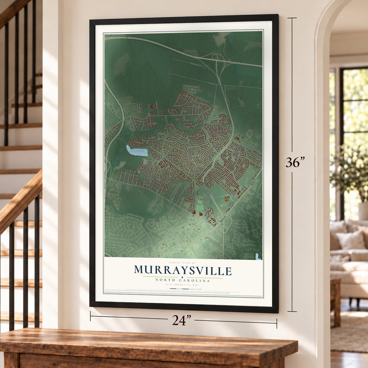 Murraysville, North Carolina map, 24 x 36 inch print in a black frame by a staircase