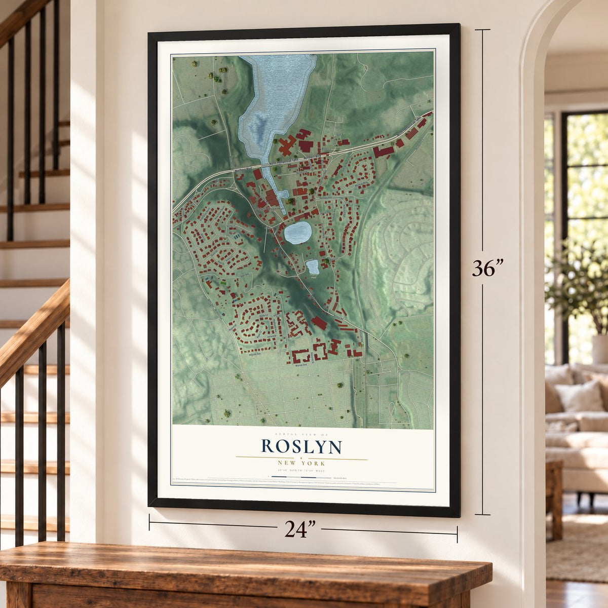 Roslyn, New York map, 24 x 36 inch print in a black frame by a staircase