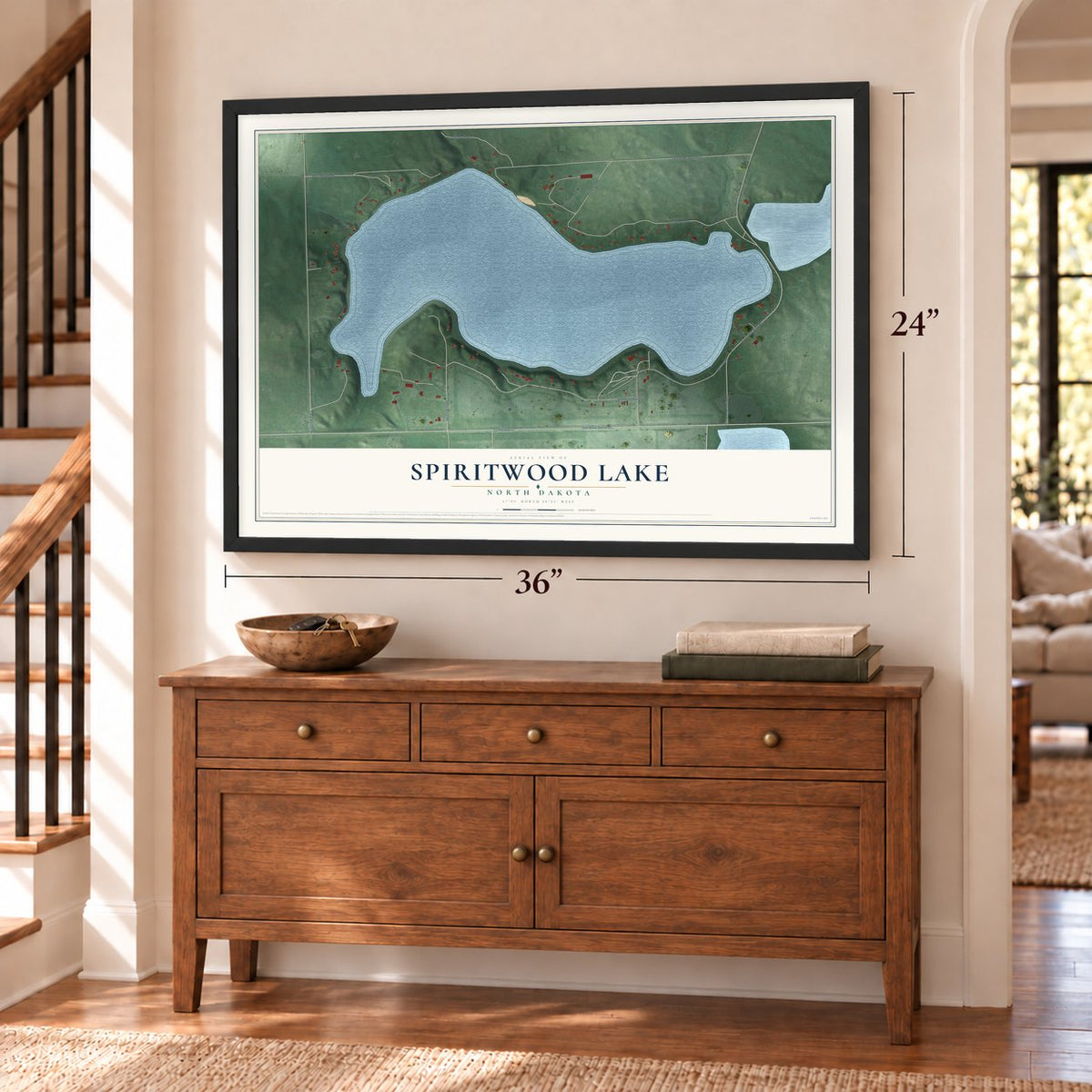 Spiritwood Lake, North Dakota map, 24 x 36 inch print in a black frame above a dresser by a staircase