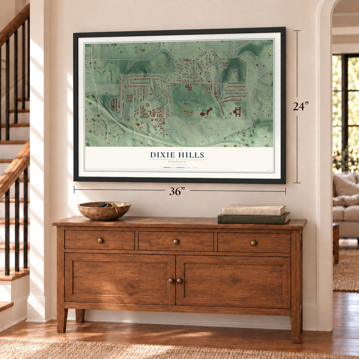 Dixie Hills, Georgia map, 24 x 36 inch print in a black frame above a dresser by a staircase