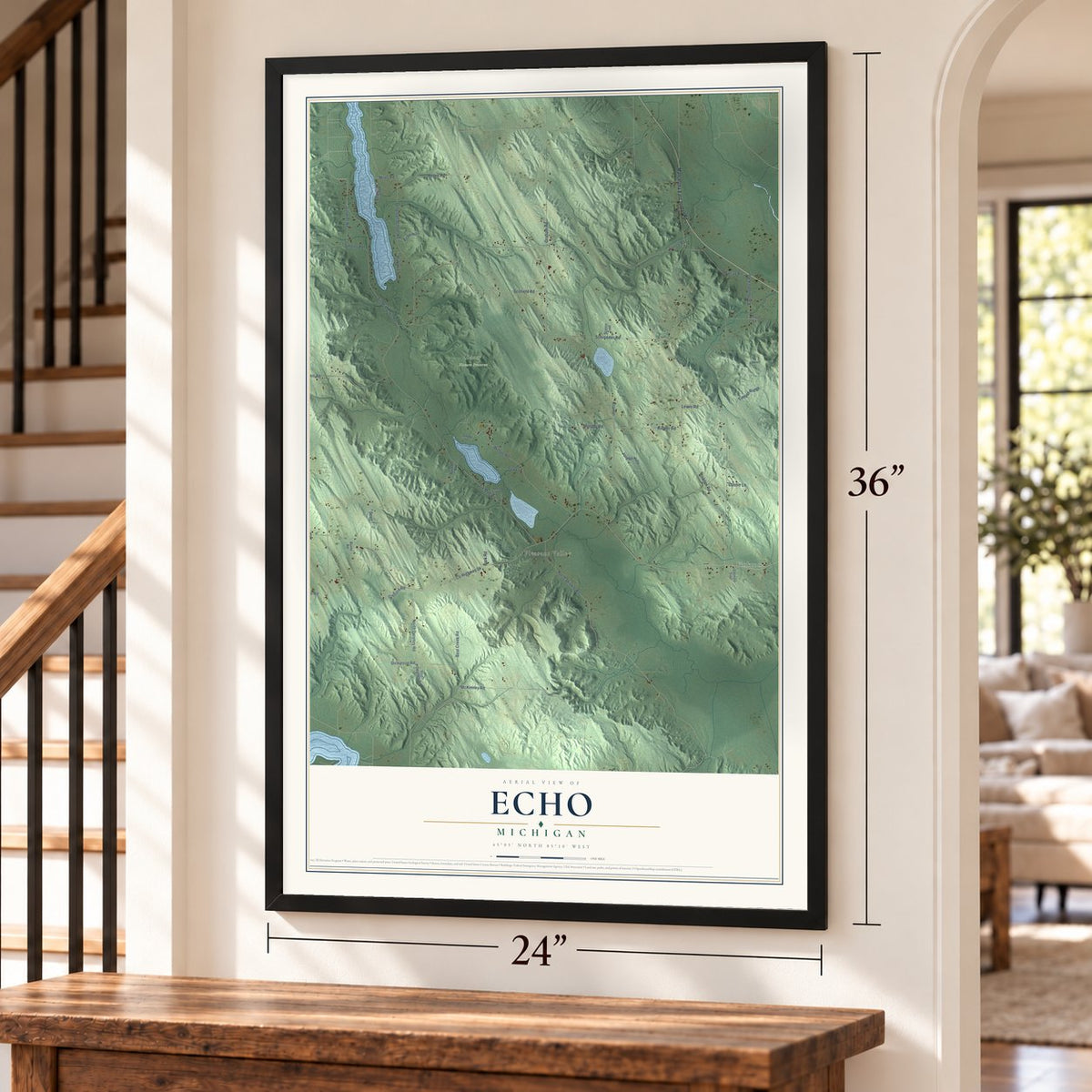 Echo, Michigan map, 24 x 36 inch print in a black frame by a staircase