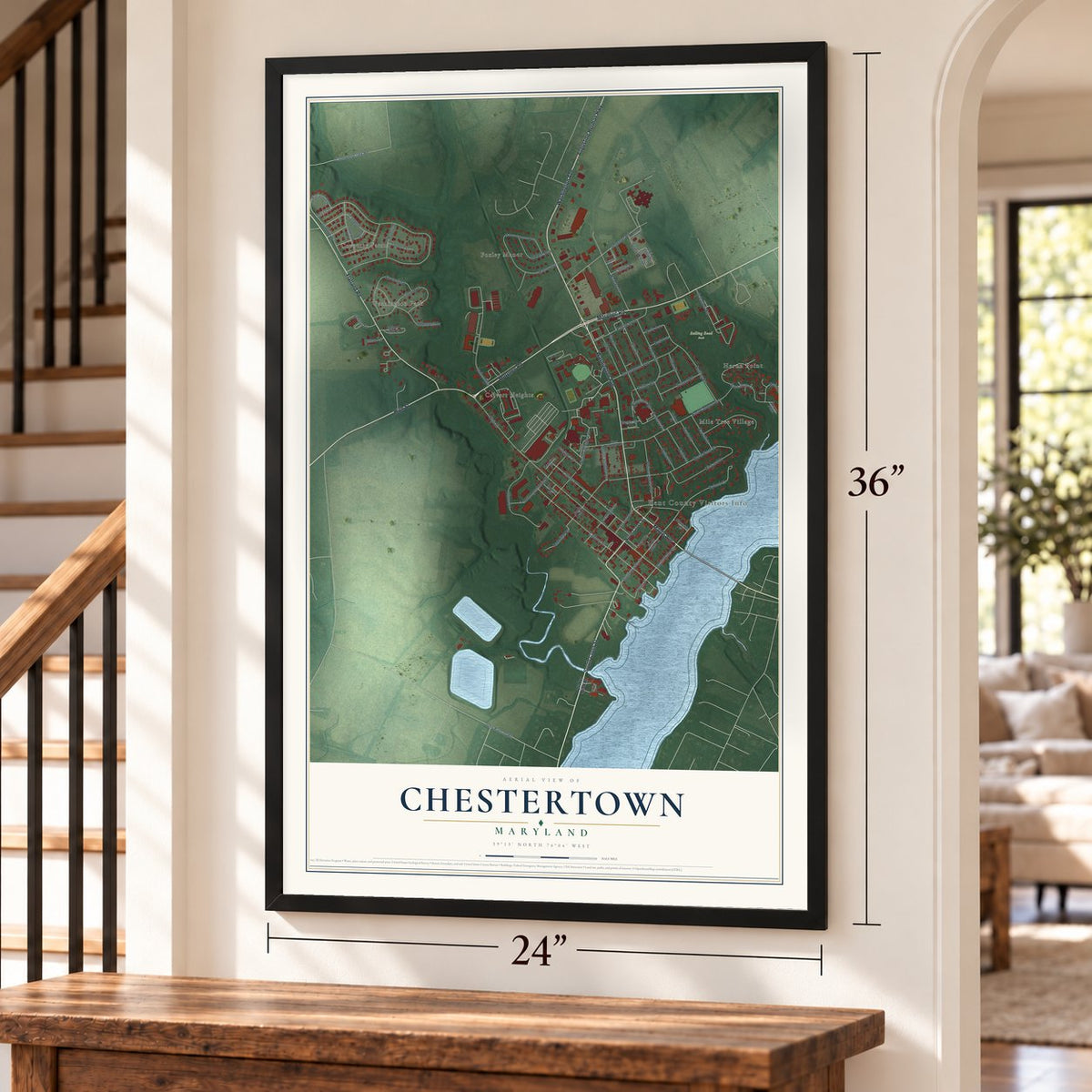 Chestertown, Maryland map, 24 x 36 inch print in a black frame by a staircase
